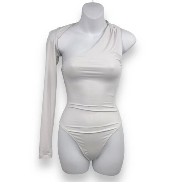 Bardot Londyn Cut Out Bodysuit XS Wraparound One Shoulder Bodycon Ruched Orchid - Picture 1 of 7